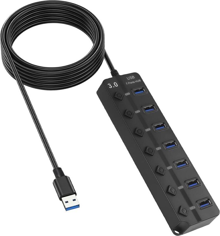 7-Port-USB-Hub mit Netzteil, unabhängigen Schaltern und LEDs, kompatibel mit USB 3.0 und 2.0 für PC, Laptop, Mac, Window...