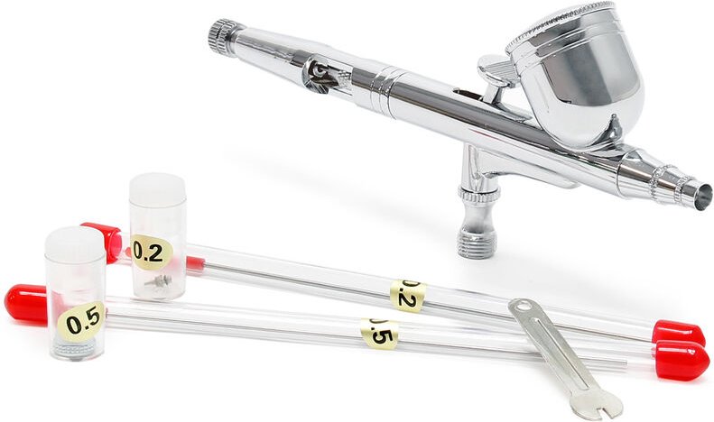 Wiltec - Airbrush Pistole Set Typ 130T mit Double Action Funktion, Nadel und Düse ø 0,2-0,5 mm, 1 Farbbecher, Adapter fü...