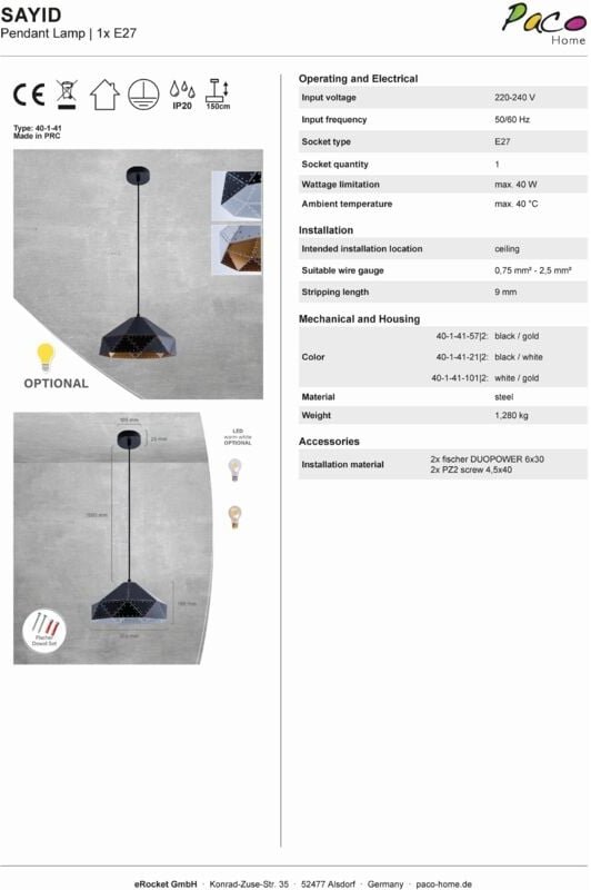 Pendelleuchte Hängelampe Esszimmer Esstischlampe Steampunk Lampe Textilkabel E27 Klar - 800 Lumen / 8W, Weiß-Gold - Paco...