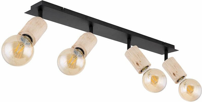 Spotlampe Spotleuchte Spotstrahler Wohnzimmerlampe Esszimmerleuchte, 4 Flammig Spots beweglich, Metall Holz natur schwar...