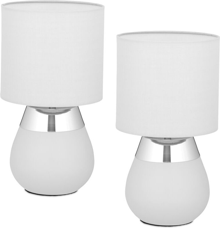 Tischlampe, 2er Set, Metallfuß, Stoffschirm, E14, h x d: 32 x 18 cm, Nachttischlampe mit Kabel, grau/silber - Relaxdays