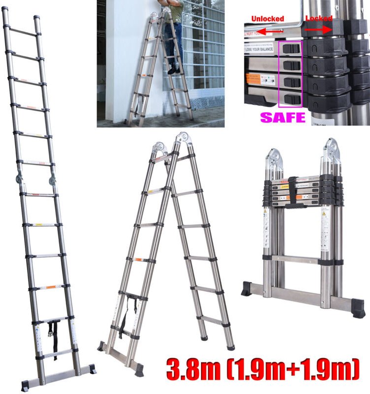 3.8M Teleskopleiter Ausziehleiter Klapp A-förmige Stehleiter Mehrzweck Edelstah 1.9M+1.9M