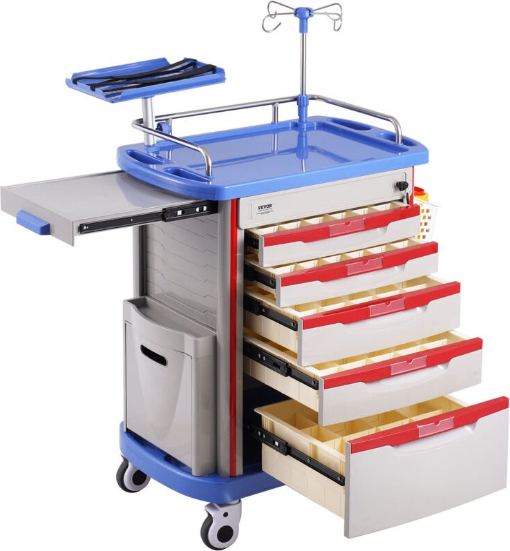 Laborwagen Laborhilfswagen 5-stöckig, mobiler medizinischer Wagen aus PP-Material, mit 4 leisen Rädern & 5 Schubladen, L...