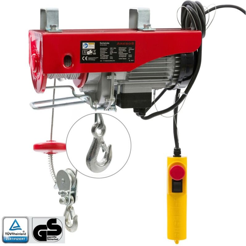 Elektrische Seilwinde mit 1000 W, Seilzug und Heber-Kran-Funktion, Seilhebezug mit Kabelfernbedienung, 12 m Hubhöhe, Tra...