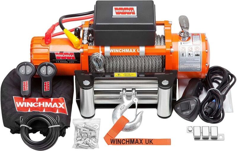 6.123 kg originale orangefarbene 24-V-Elektrowinde. 26 m x 9,5 mm Stahlseil. Drahtlose Fernbedienungen.