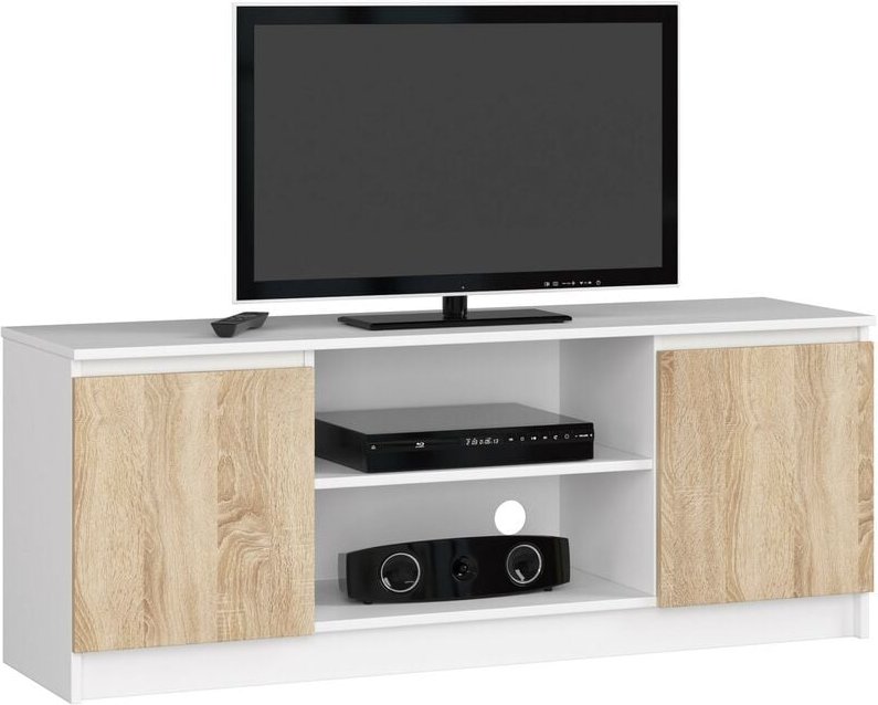 Thumbnail - Tv Schrank Akord Fernsehkommode 140 cm Weiß 2 Türen 2 Ebenen Front Sonoma-Eiche B140 x H55 x T40 cm