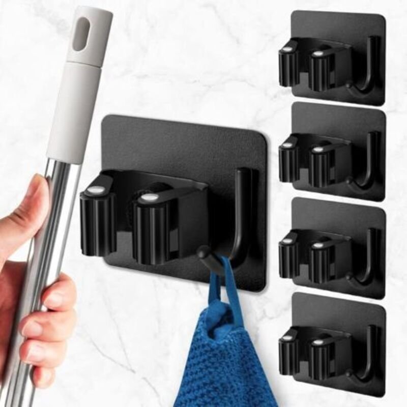 4 Stück Schwarzer Wand-Besenhalter, Besenhalter Wand ohne Bohren, Selbstklebender Besenhalter mit Haken, Besenhalter aus...