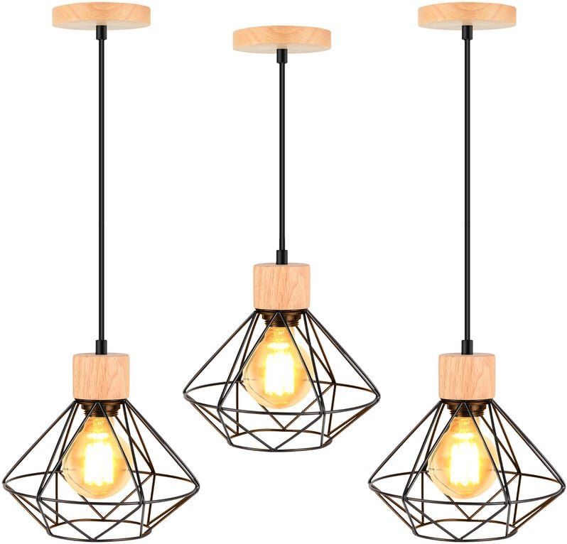 3x Industriell Pendelleuchte in Rautenform Metall Hölzern Kronleuchter Lüster E27 für Schlafzimmer Dachgeschoss Flur Kor...