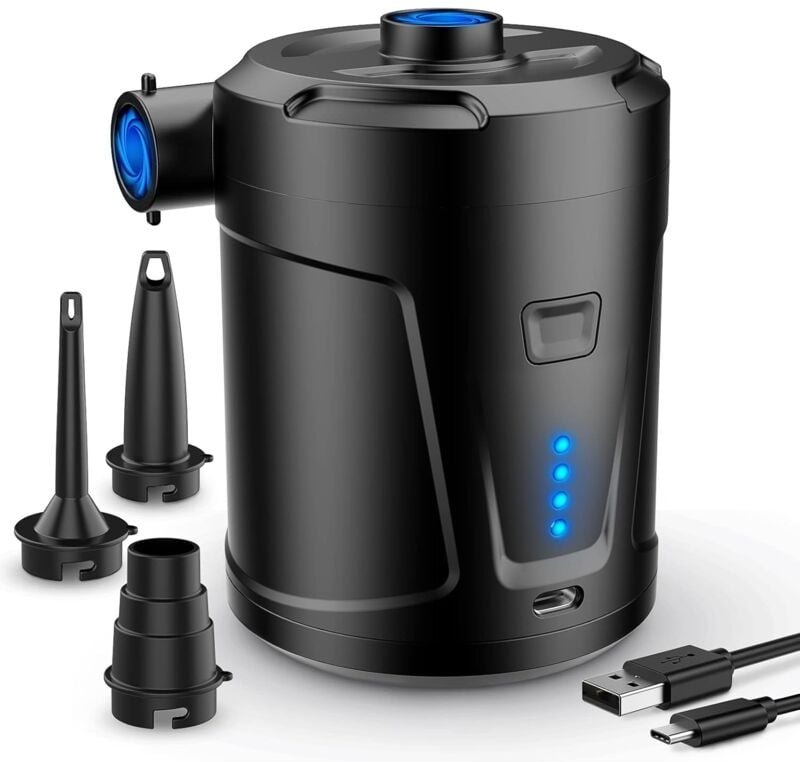 Thumbnail - Ersandy - Elektrische Luftpumpe, wiederaufladbarer 5000-mAh-Akku, Luftmatratzen-Inflator mit 3 Luftdüsen, schneller Infl...