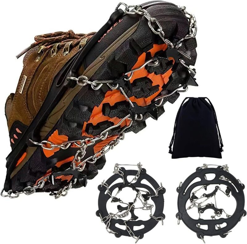 BEBUSINGOTO Rutschfeste Steigeisen 16 x 16 cm, schwarze Schuhsteigeisen mit Aufbewahrungstasche, Wanderschuhspikes für B...