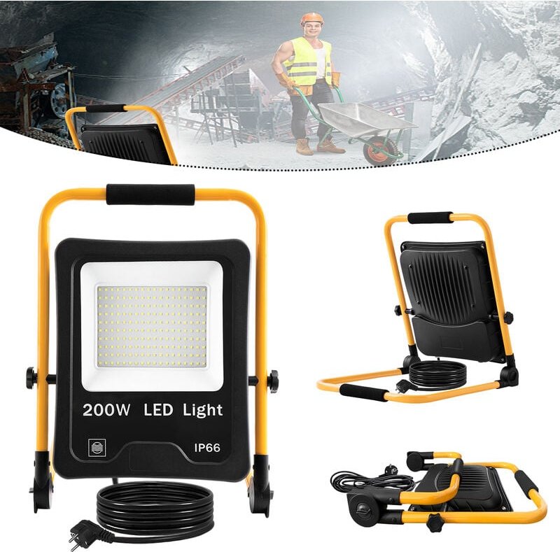 Led Baustrahler 200W Kaltweiß inkl. Standgestell und Netzkabel - led Fluter Arbeitsscheinwerfer Wasserdicht IP66 für Inn...