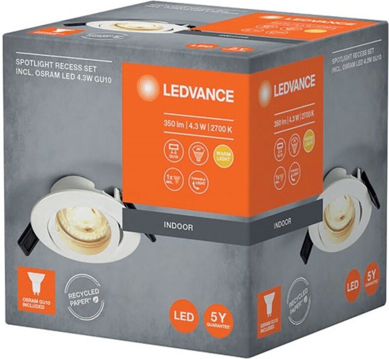 Ledvance - Spotlight: für Decke, recess downlight twistlock GU10 / 4,30 w, 220…240 v, Ausstrahlungswinkel: 36, Warm weiß...