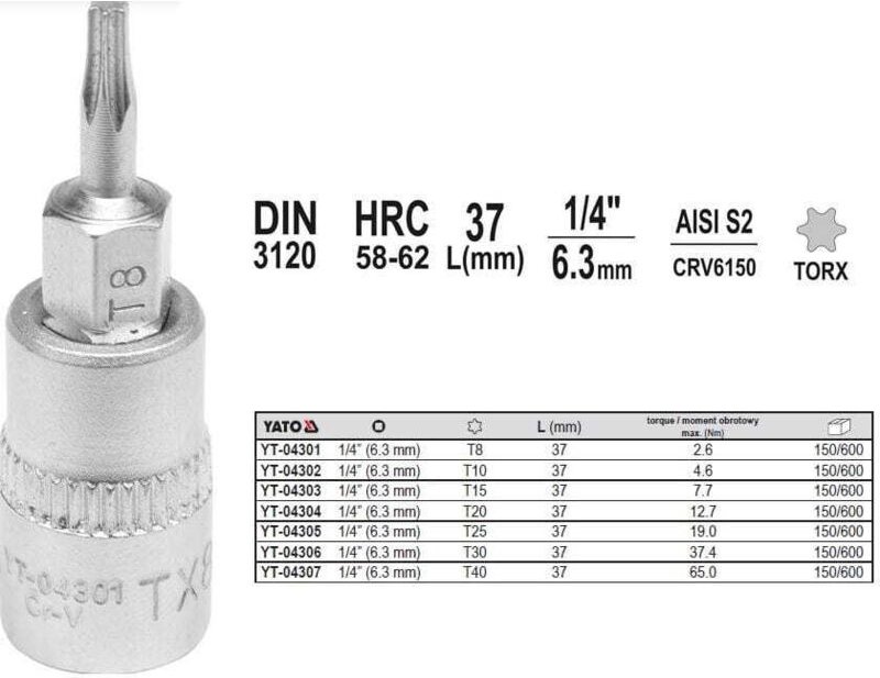 Torx-schlüssel 1/4' T40 L37MM YT-04307 Yato