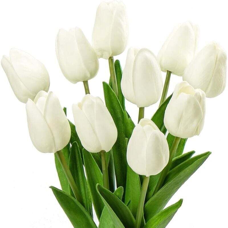 Vtizikl 10 tulipes artificielles, tulipes artificielles, fausses tulipes pour décoration de salon ou de chambre (blanche...