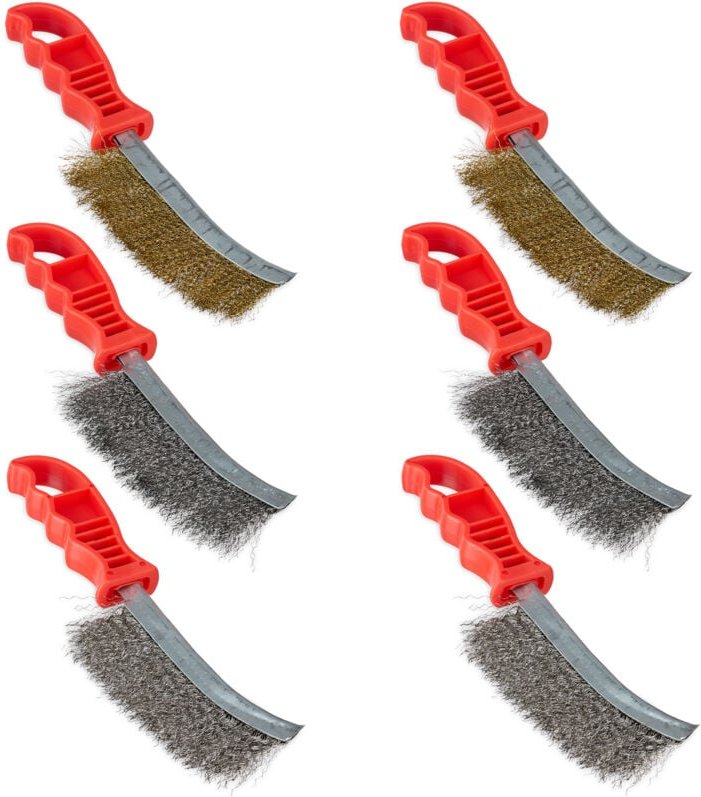 Relaxdays - Drahtbürste 6er Set, je 2 Edelstahl-, Stahl- & Messingbürsten, Werkzeug, Stahlbürste mit Griff, mehrfarbig