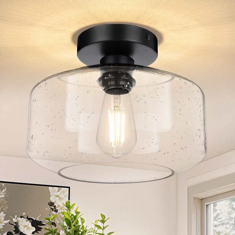 Halbeinbau-Deckenleuchte, schwarzer Kronleuchter im Landhausstil, Deckenleuchte mit Blasenglas, E27-Fassung, Leuchtmitte...