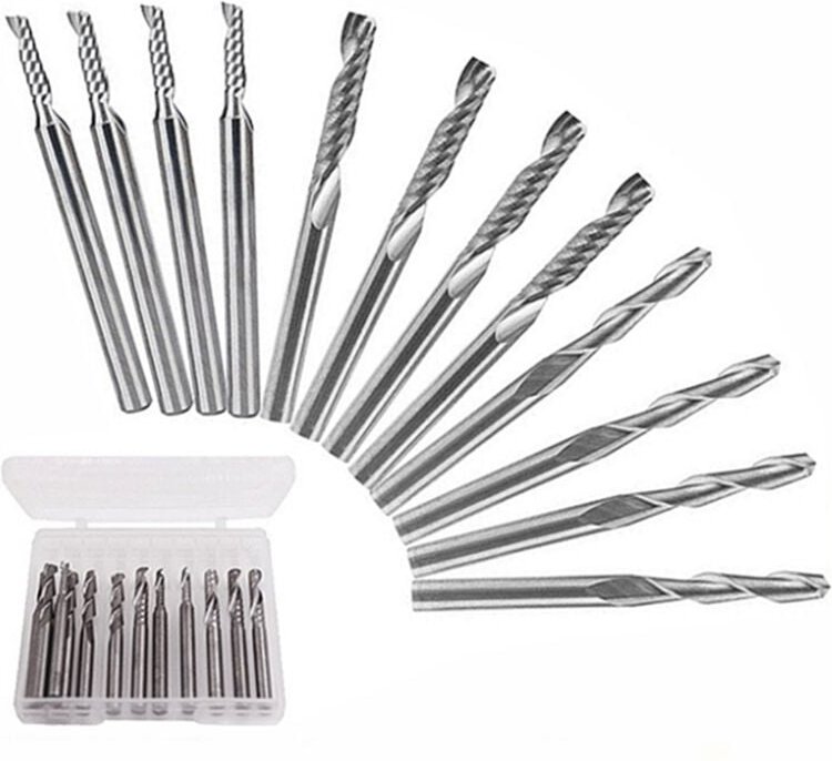 12-teiliges Hartmetall-Schaftfräser-Set, 4 Stück 1/8 Zoll Doppelnut-Schaftfräser + 8 Stück 1-Nut-Einkant-Schaftfräser (2...