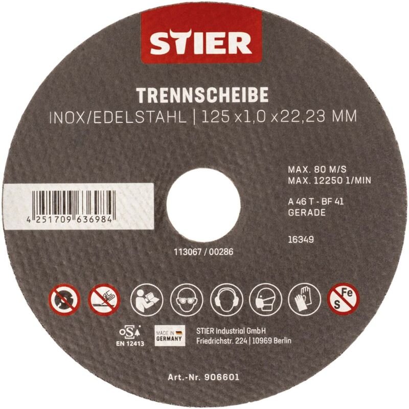 STIER Trennscheibe Edelstahl 125 x 1,0 x 22,23 mm, Form gerade 5 Stk