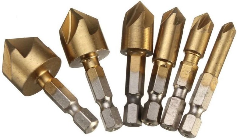 6 Stück HSS-Senker, 90 Grad, 5 Nuten, Senker, Lochschneider, Titan beschichtet, 1/4 Zoll, Holzbearbeitungsbohrer, Sechsk...