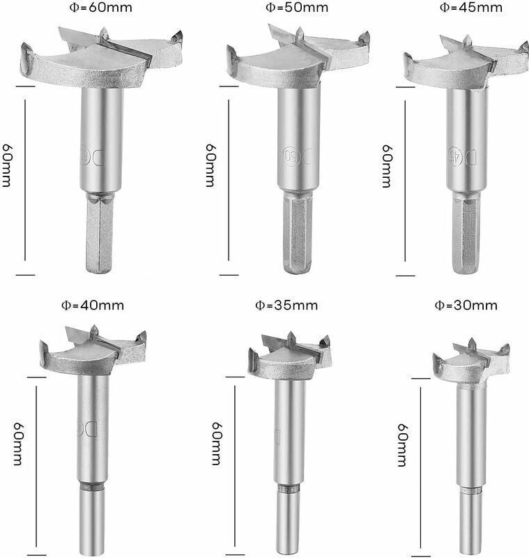 Thumbnail - 6 Stück Forstner-Holzbohrer, 30/35/40/45/50/60 mm Durchmesser, Hartmetall-Holzfräser, für die Holzbearbeitung geformter ...