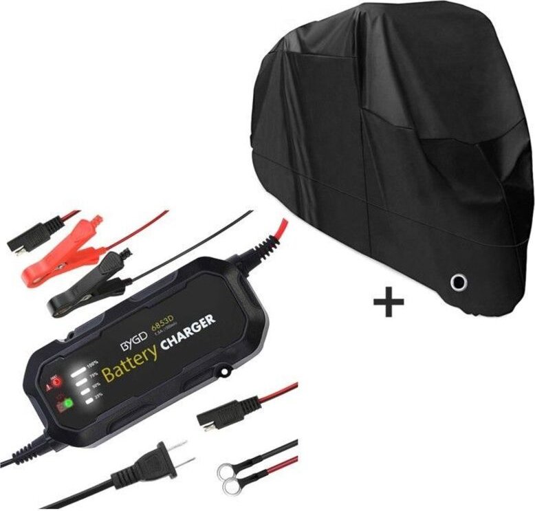 Set Batterieladegerät + XL schwarze Motorradhülle
