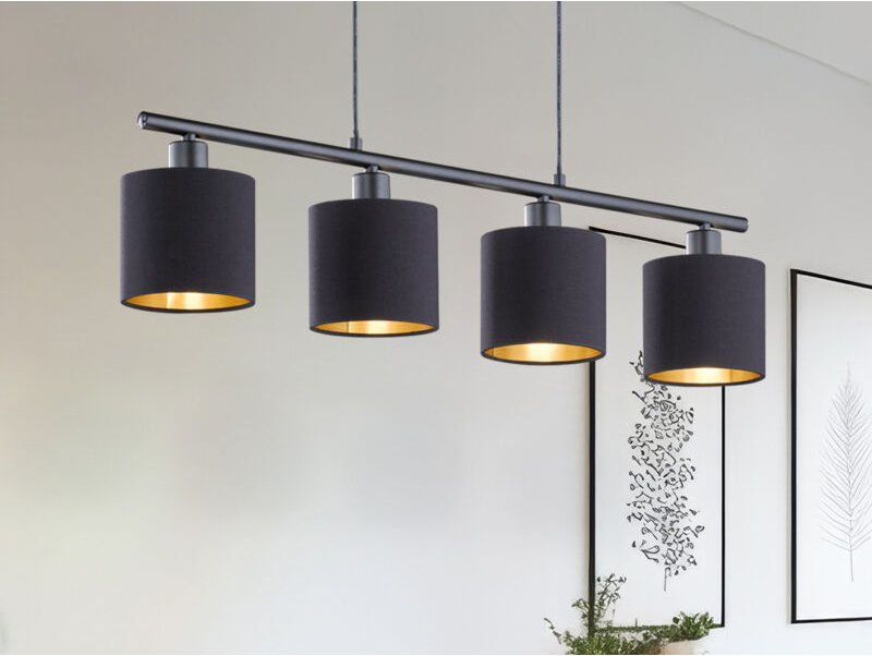 Meinewunschleuchte - led Pendelleuchte 4-flammig Stoff Lampenschirme Schwarz/Gold, Breite 75cm