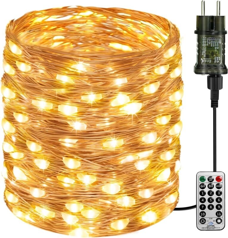 btfarm Lichterkette mit Fernbedienung, 10 m, 100 LEDs, Timer, IP65 wasserdicht, 8 Modi, Kupferdraht, warmweiß, für Weihn...