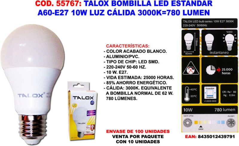 Fplus - Standard-LED-Glühbirne A60 E27 10 w warmes Licht 3000 k 780 Lumen