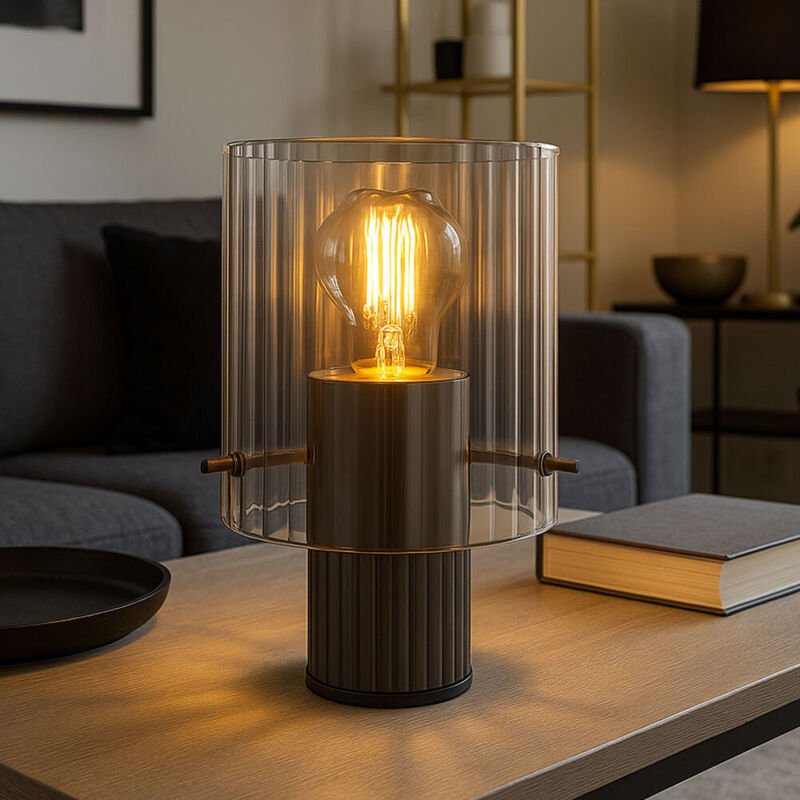 Tischleuchte Tischlampe Esszimmerlampe Glas rauchfarben rillen Stoff h 22 cm