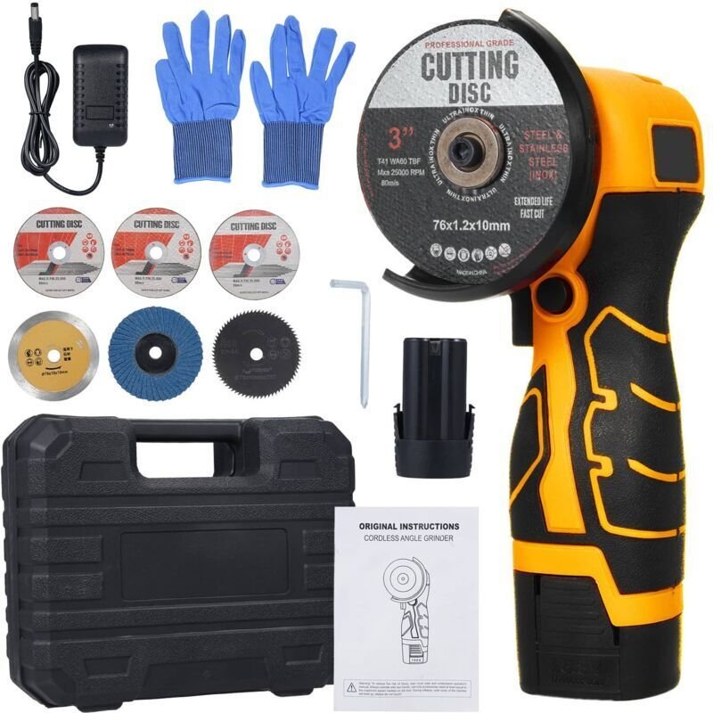 Vtizikl Meuleuse d'angle sans fil 7000 tr/min, outil de meulage électrique, mini meuleuse avec 2 batteries 16,8 V 2000 m...