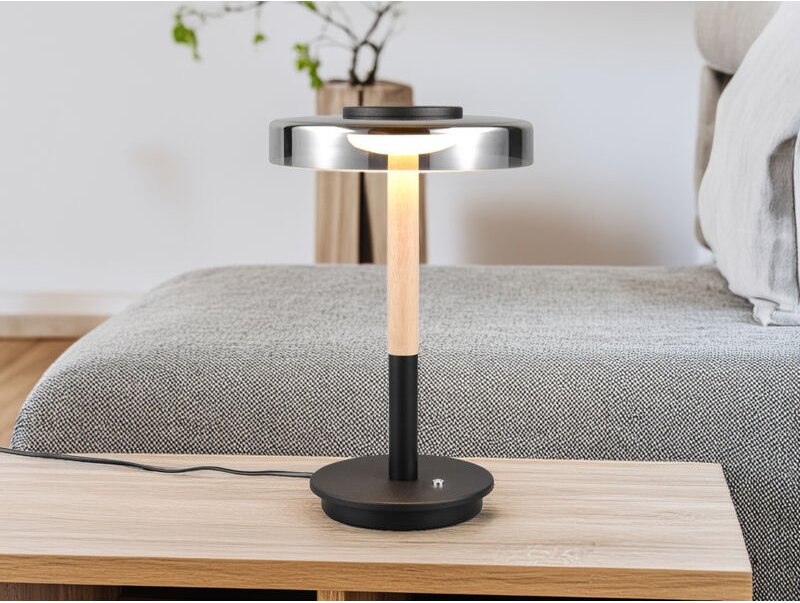 Dimmbare led Tischleuchte celeste mit Holz & Glasschirm, Höhe 35cm