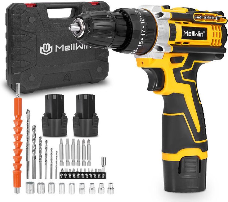 12-V-Akku-Bohrschrauber, 38 Nm, 34 Zubehörteile, 25+3 Drehmomenteinstellungen, 2 Geschwindigkeiten, mit 2 Batterien