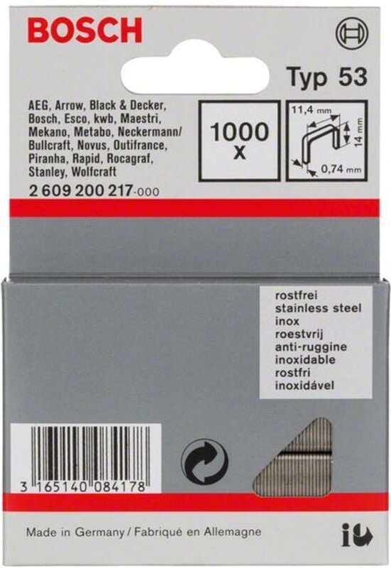 Feindrahtklammer Typ 53, 11,4 x 0,74 x 14 mm, 1000er-Pack, rostfrei - Bosch