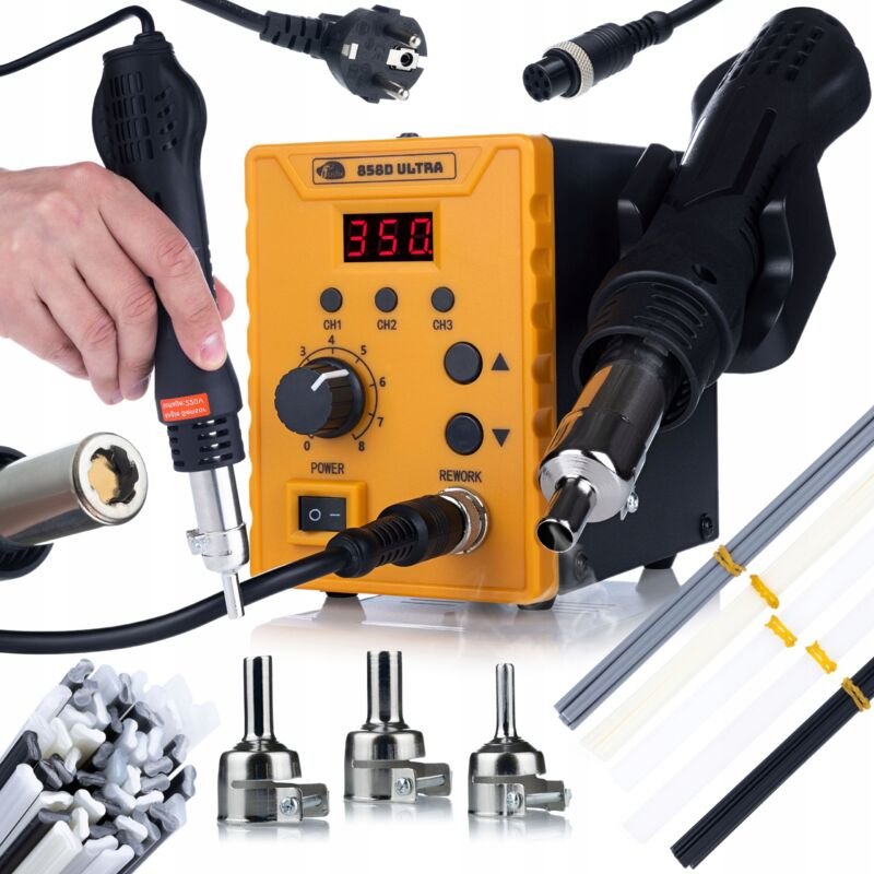 Rosfix Set 858D Ultra Heißluftstation – 700 W, 100–500 °C, LED-Display, 3 Speicher 50 Kunststoff-Schweißstäbe PP/PE/ABS/...