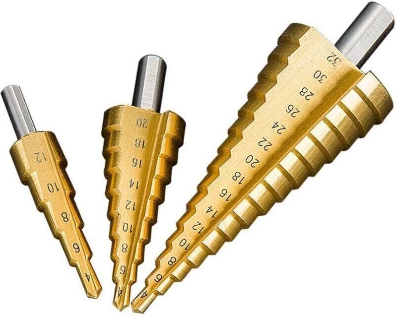 Set mit 3 Stufenbohrern, konischen Stufenbohrern, Stahlzwinge, HSS 4-12/4-20/4-32..