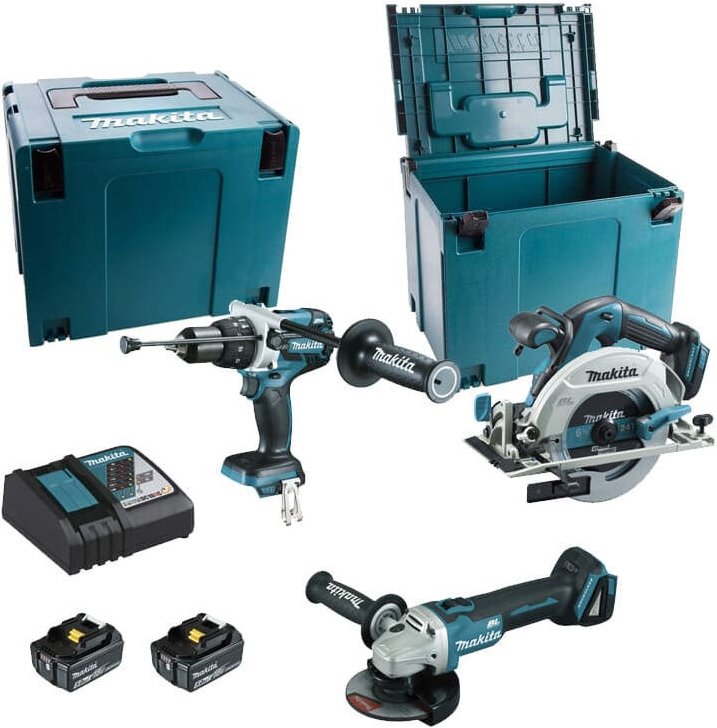 Makita - Set aus 3 Maschinen 18 v Li-Ion 5 Ah Bohrmaschine DHP481 + Schleifmaschine DGA506 + Säge DHS680 - 2 Batterien, ...