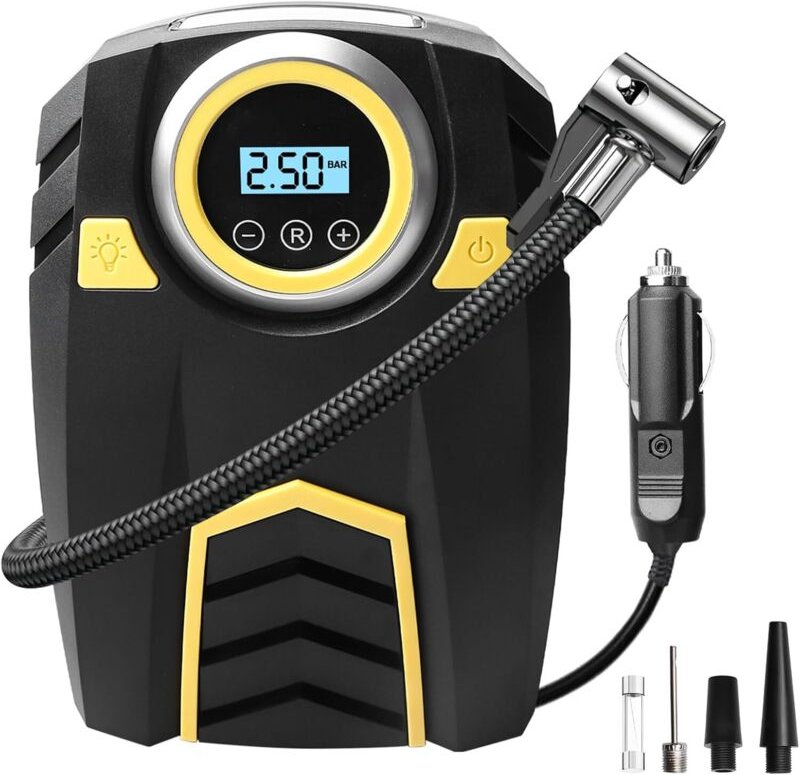 12-V-Autokompressor, Luftkompressor für Autoreifen, tragbare Luftpumpe mit Licht und LCD-Bildschirm, elektrische Luftpum...
