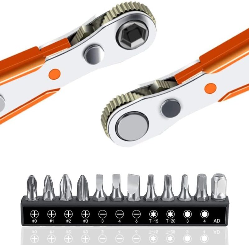 Thumbnail - Ratschenschraubendreher-Set, 13-teilig, 110 mm, 1/4-Zoll-Mini-Ratschenschlüssel und 12 Modell-Schraubendreher-Bits mit h...