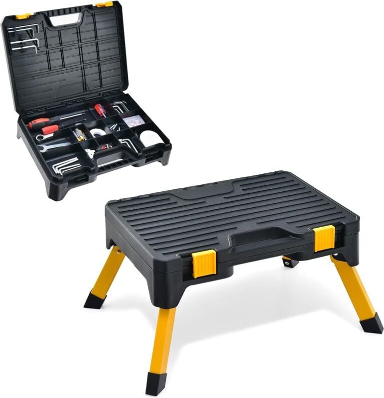 2 in 1 Tritthocker mit Werkzeugkiste, Werkstatthocker mit Werkzeugkasten (12 Fächer), bis 150 kg belastbar, rutschfeste ...