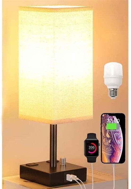 Touch-Nachttischlampe mit 2 USB-Ladeanschlüssen, 3-stufigem Dimmer, schwarzem Stoffschirm und schmiedeeisernem Fuß, idea...