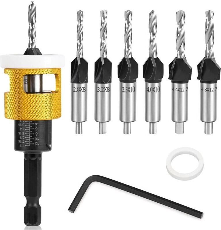 Set mit 8 Fasenbohrern, Holzfräsern mit Tiefenanschlag, präzises Bohren, 1/4"-Sechskantschaft, aus HSS, für Holzbearbeit...