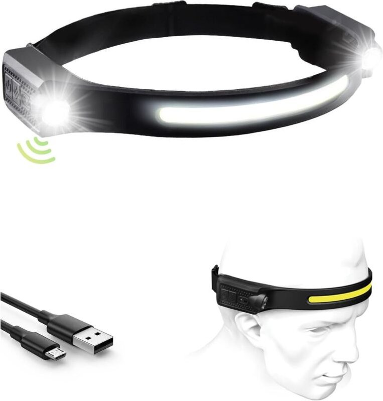 Linghhang - 1 Packung (schwarz) wiederaufladbarer LED-Scheinwerfer, 1200 mA, Doppelscheinwerfer, 12 Stunden Laufzeit, 5 ...