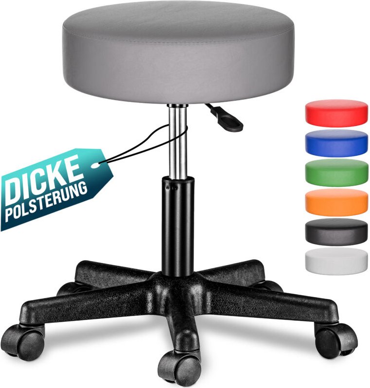 Rollhocker Höhenverstellbar 10cm Polsterung 46-60cm Sitzhöhe 360° drehbar Ø35cm rund Rollen Bürohocker Drehhocker Arbeit...