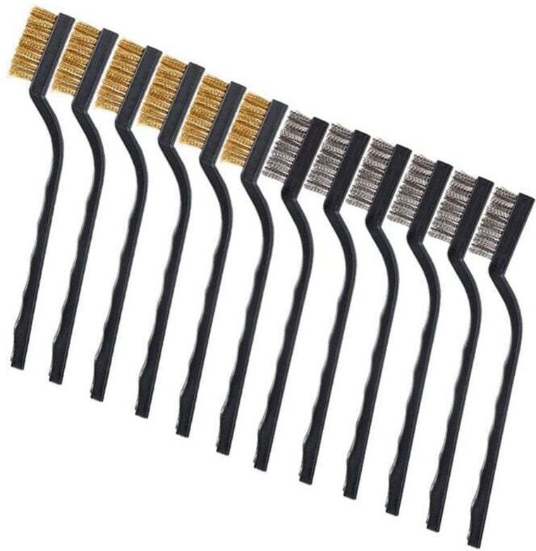 12 Stück Stahldrahtbürsten mit gebogenen Griffen, Edelstahl, Messing und Nylon, zum Schweißen und Reinigen von Rostentfe...
