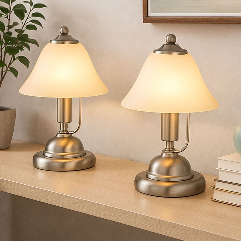 Tischleuchte Touch Nachttischleuchte Alabaster Glas Tischlampe Schlafzimmer, Nickel matt, 1x LED 5W 350Lm warmweiß, DxH ...