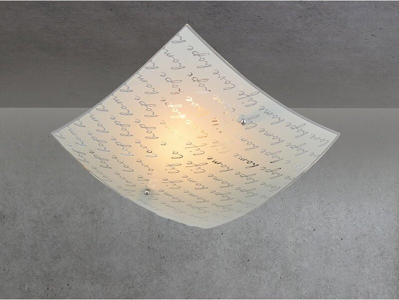 Thumbnail - Led Deckenleuchte mit Glasschirm Weiß & Schriftdekor, Quadrat 30cm