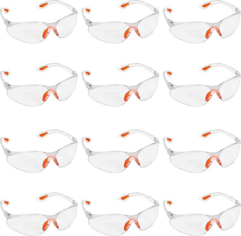 12er-Pack transparente Schutzbrillen – Schutzbrille mit Kunststoffgläsern, Nasensteg und Bügelenden aus Gummi für mehr K...