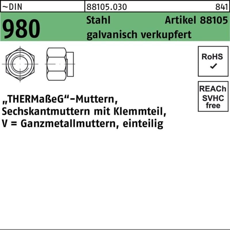 Sechskantmutter R 88105 m.Klemmteil M 8 SW 13 Stahl galvanisch verkupfert