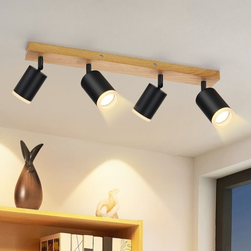 Led Deckenleuchte Deckenstrahler 4 Flammig - Deckenlampe GU10 Holz Schwarz 350° Schwenkbar Küchenlampe Vintage Deckenspo...