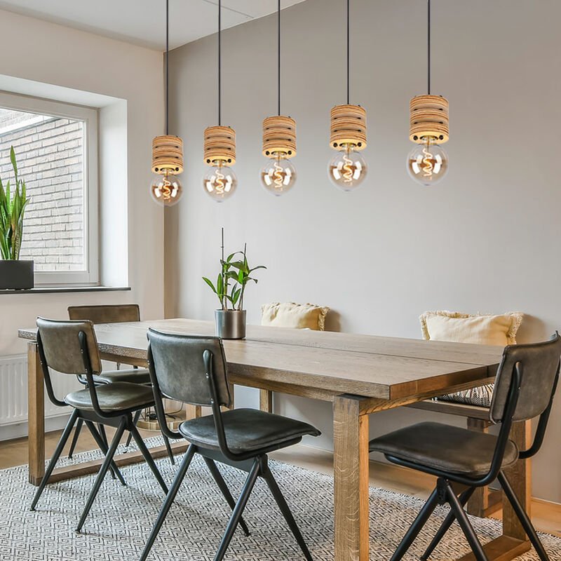 Esstischlampe hängend Holz Pendelleuchte Esstisch Holz Holzlampen Decke hängend, Metall mdf schwarz, 5x E27 Fassung, LxB...